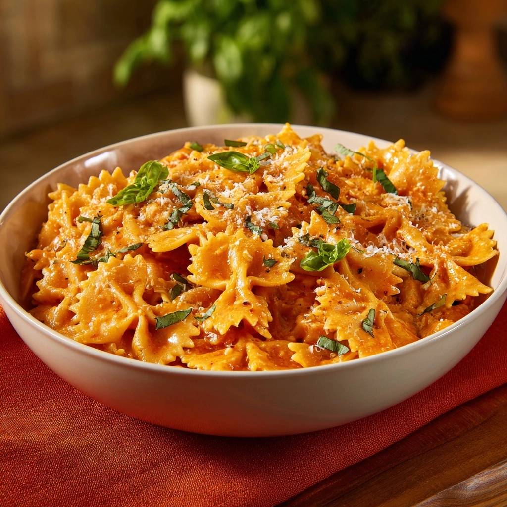 Creamy tomato farfalle with silky emulsion sauce served in a detailed bowl with fresh basil garnish.