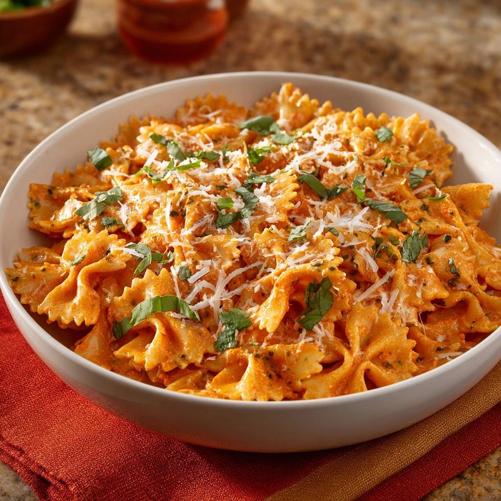 Creamy tomato farfalle with silky emulsion sauce served in a white bowl and garnished with fresh basil and grated cheese.