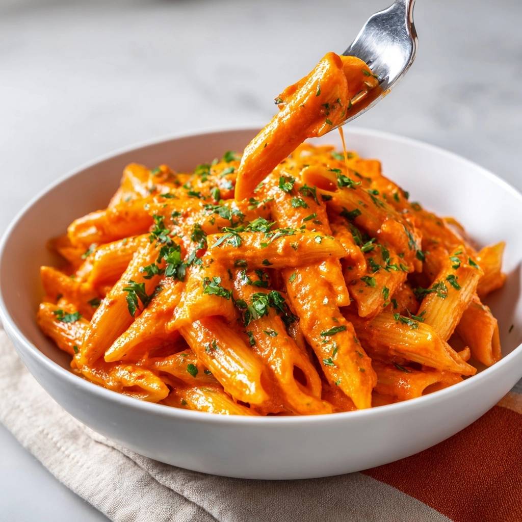 Creamy tomato penne with silky emulsified sauce, with a fork lifting a delicious portion coated in sauce and herbs.