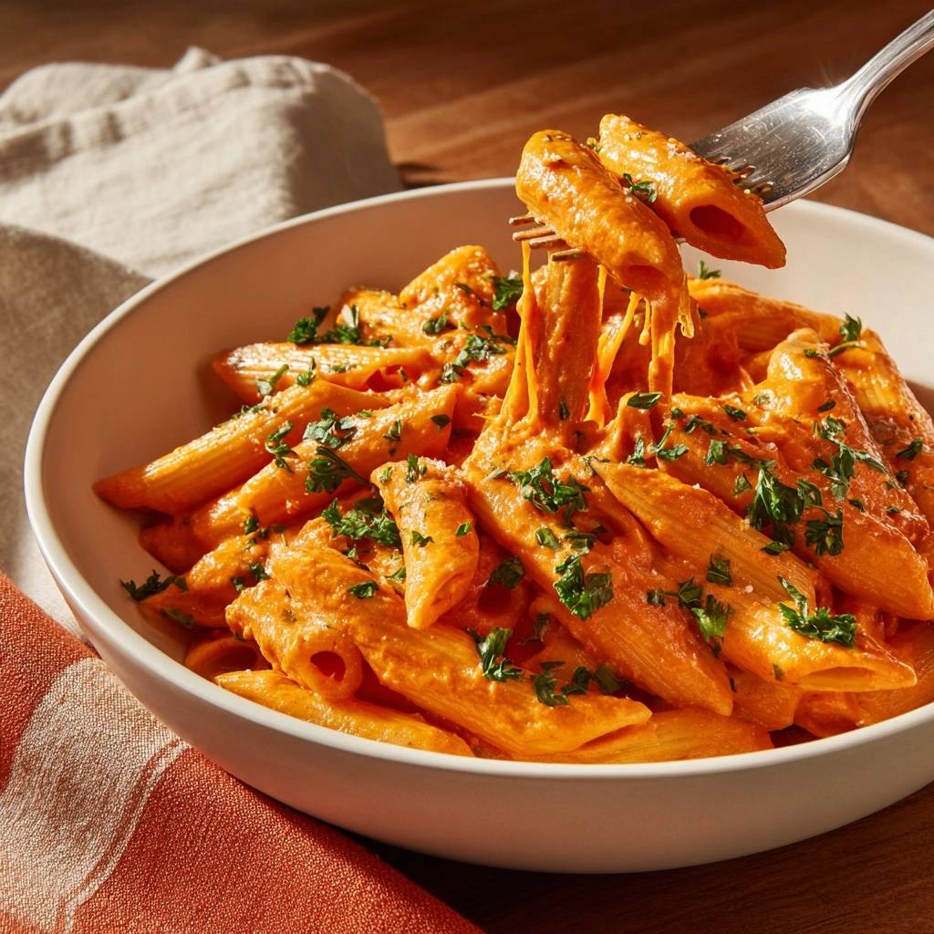 Creamy tomato penne with silky emulsified sauce, with a forkful showing the creamy sauce and pasta texture.