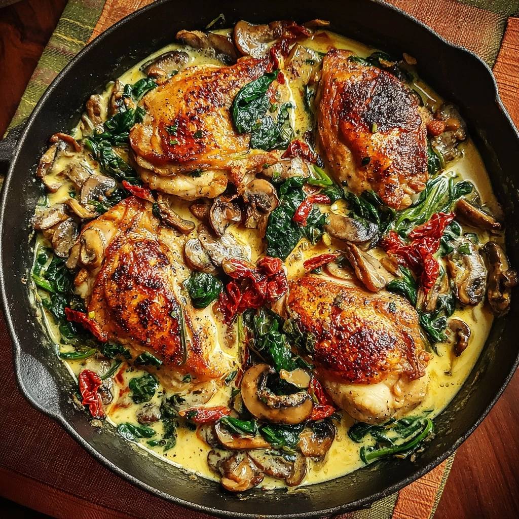 Creamy Tuscan chicken skillet with mushrooms, spinach, and sun-dried tomatoes in a cast iron pan, seen from an overhead perspective.