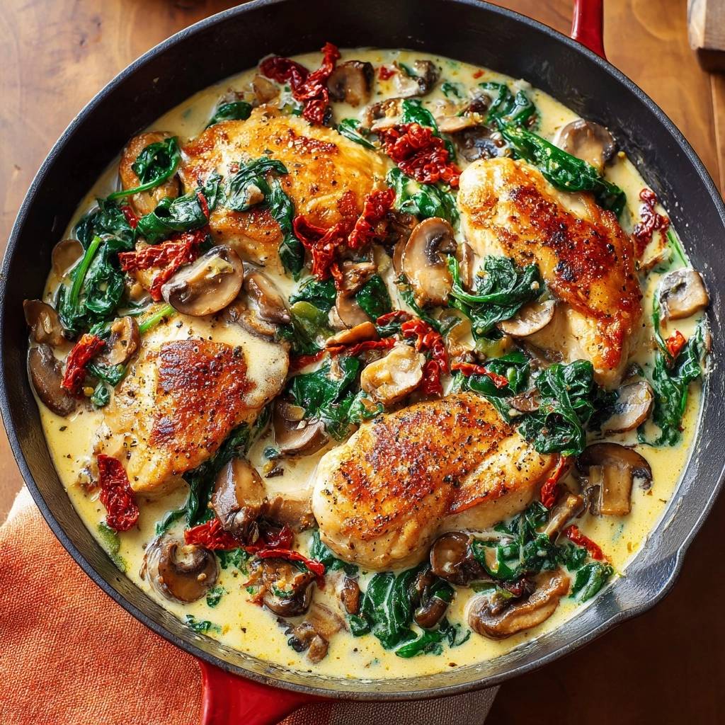 Creamy Tuscan Chicken Skillet recipe shown in a cast iron pan with chicken, mushrooms, spinach, and sun-dried tomatoes from an overhead view.