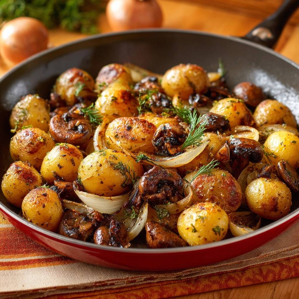 Crispy baby potatoes with mushrooms, onions, and dill served in a red skillet, presented in an overhead view.
