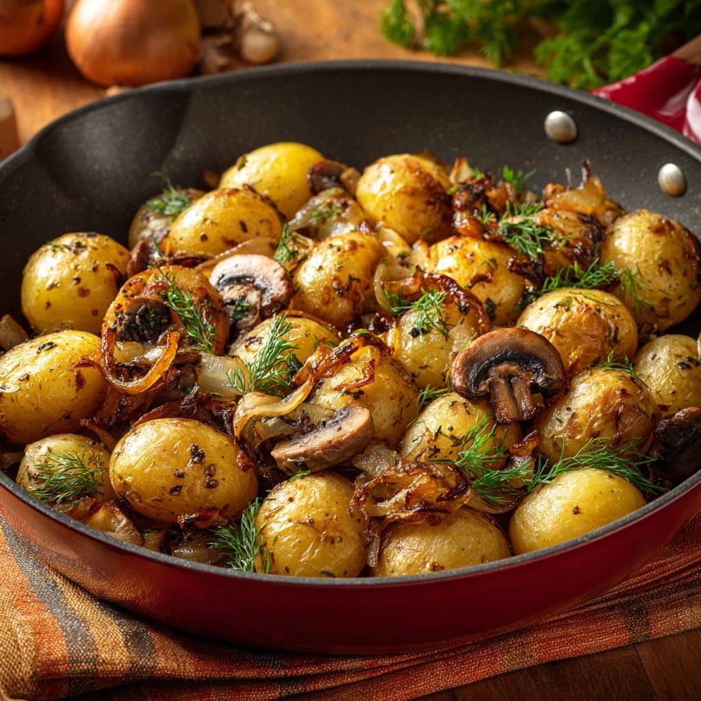 Crispy baby potatoes with mushrooms, onions and dill served in a skillet, shown in a close-up view.
