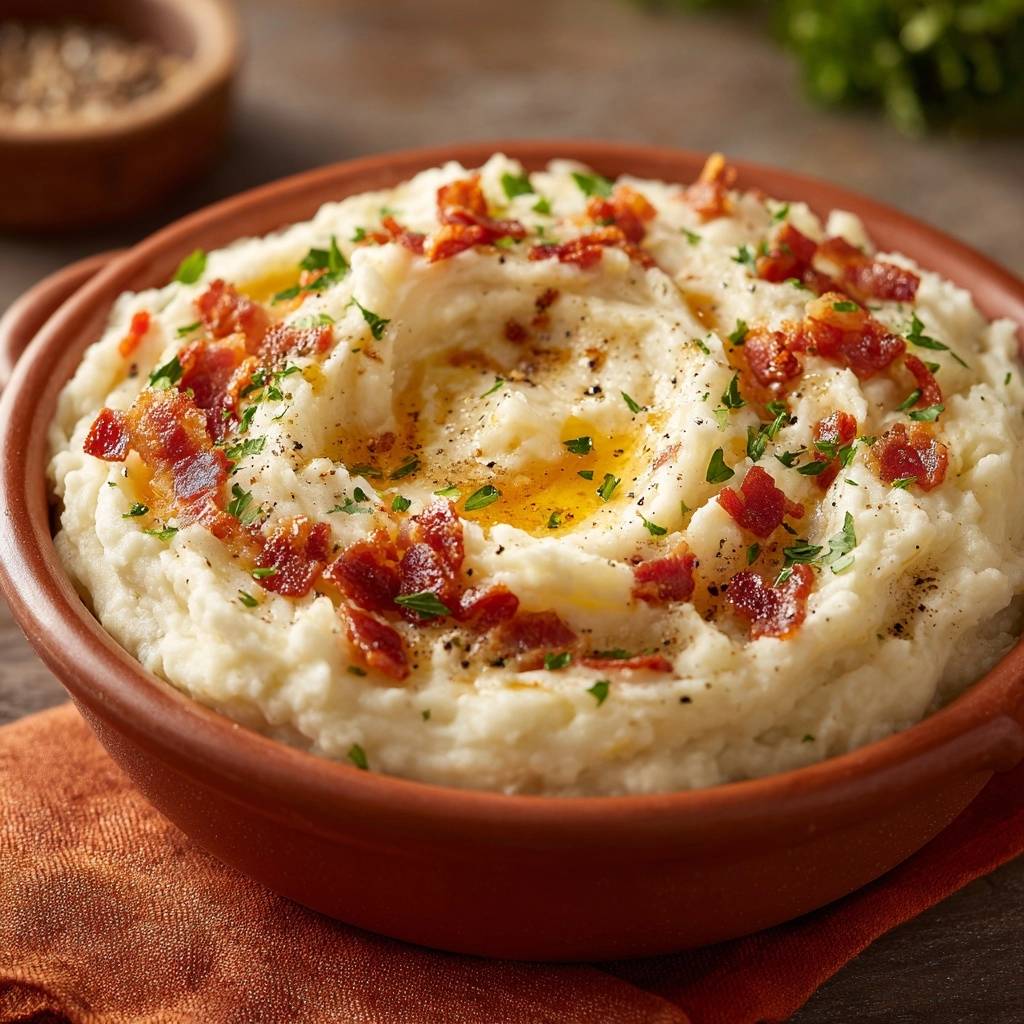 Crispy bacon loaded mashed potatoes served in a rustic bowl, with a close-up view of the savory bacon and parsley garnish.