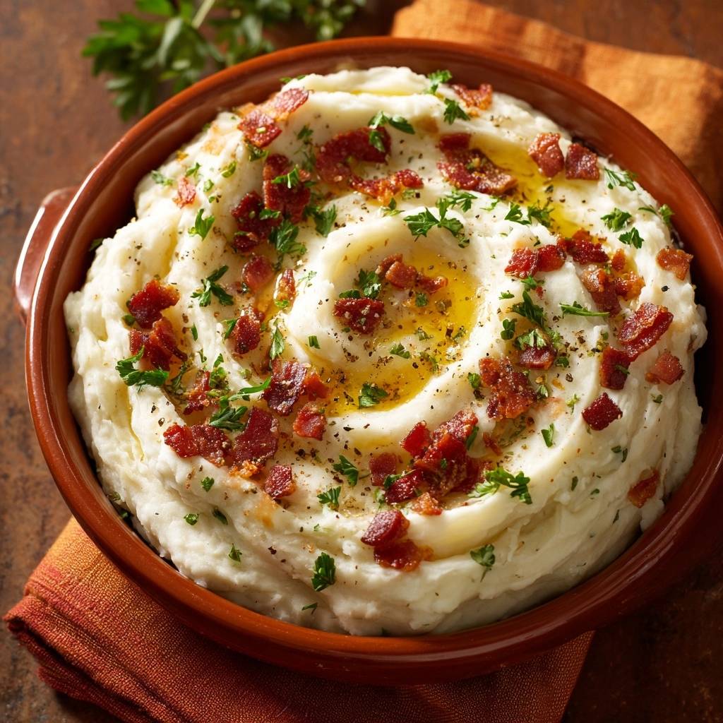 Crispy bacon loaded mashed potatoes served in a brown bowl, generously garnished with parsley and drizzled with butter.