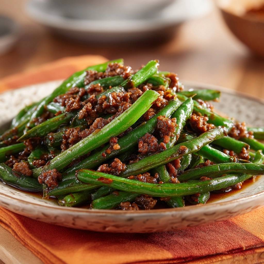 Crispy beef green bean stir-fry served generously on a plate, showcasing the tender green beans and savory beef topping.