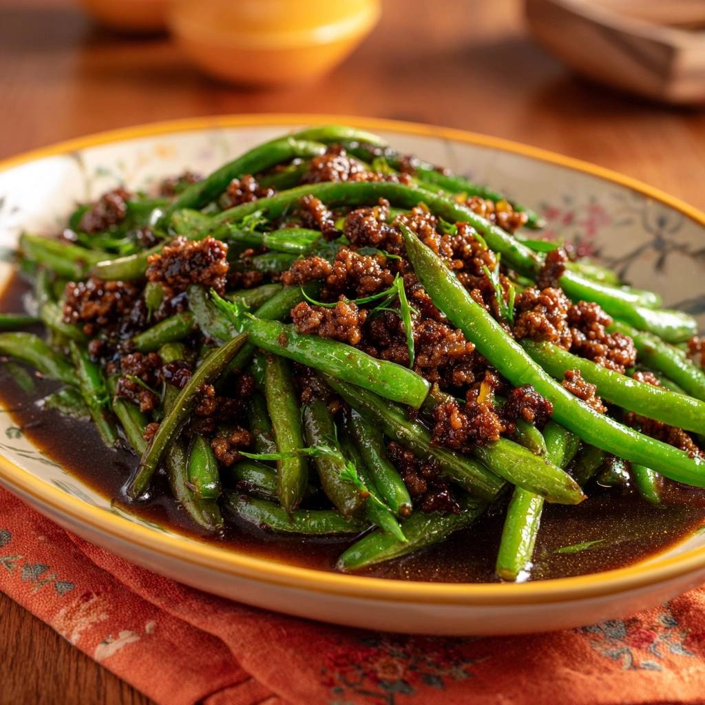 Crispy beef green bean stir-fry served on a decorative plate, showcasing the glossy sauce and minced beef topping.