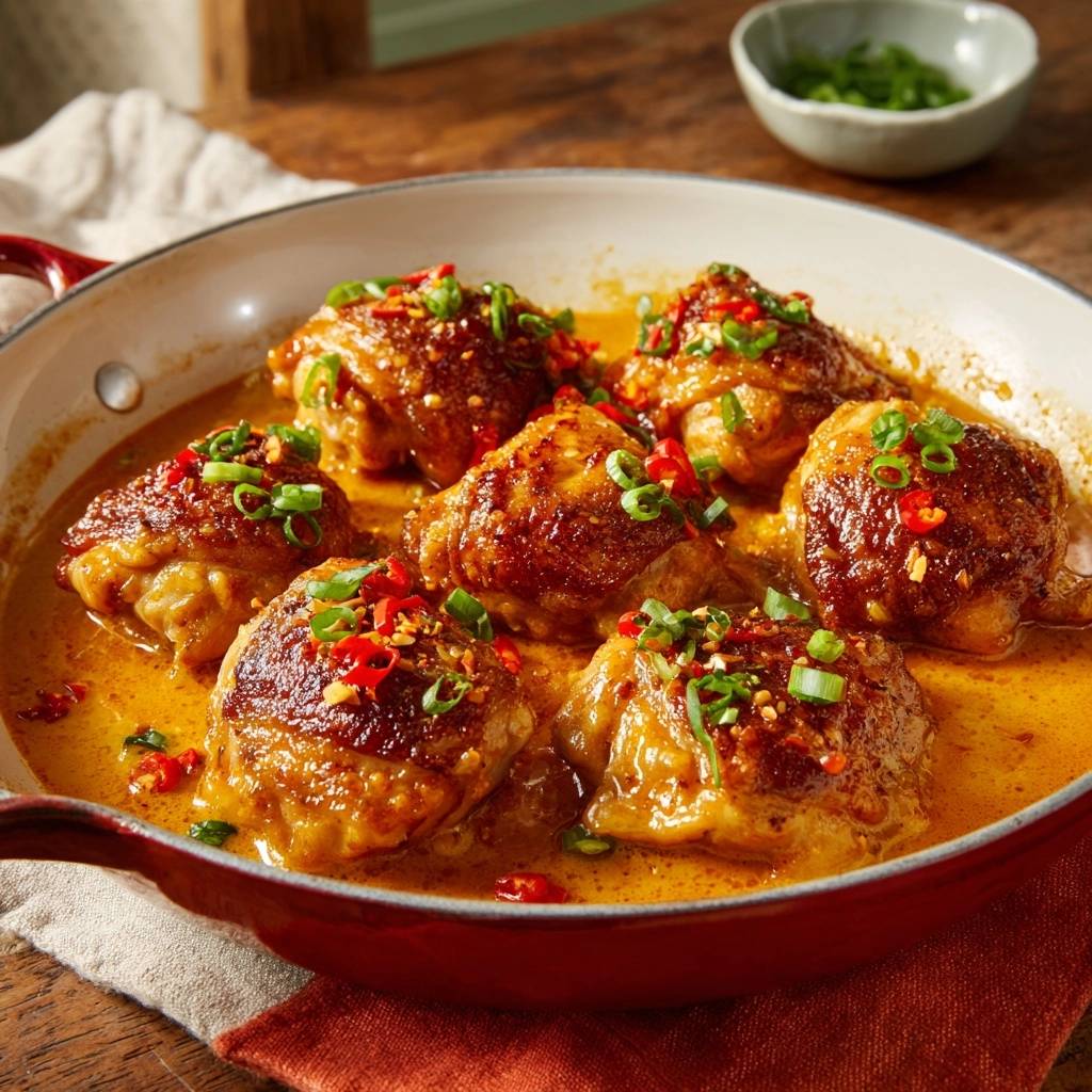 Crispy curry chicken thighs swimming in a rich, golden sauce, garnished with chili and scallions.