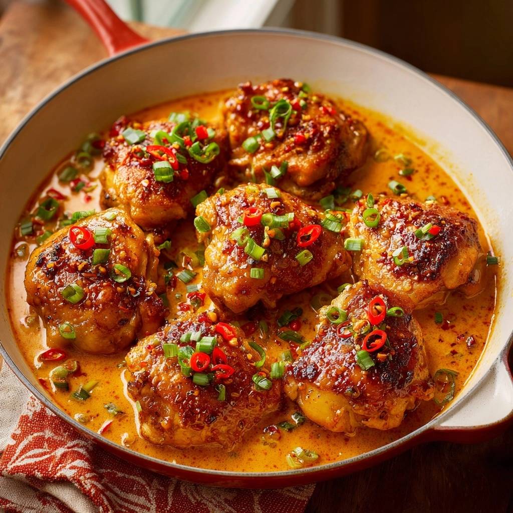 Crispy curry chicken thighs served in a pan, generously garnished with chili slices and chopped scallions.