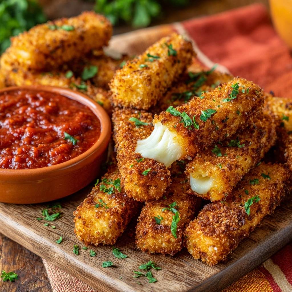 Crispy panko mozzarella sticks shown in a cross-section, revealing melted cheese, served with marinara sauce.