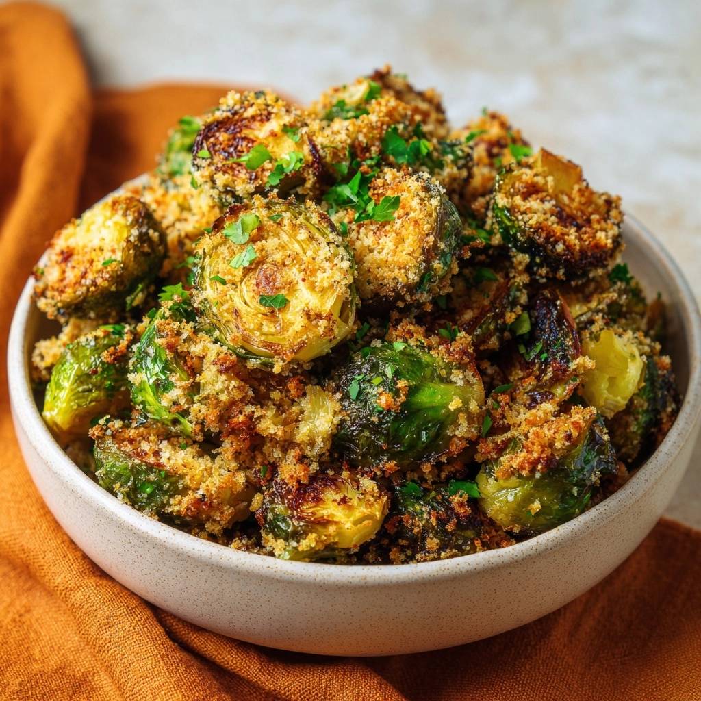 Crispy panko parmesan Brussels sprouts piled high in a white bowl, garnished with fresh parsley.