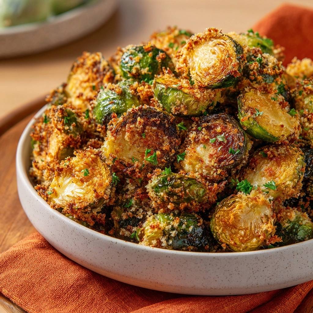 Crispy panko parmesan Brussels sprouts recipe shown in a close-up view of a white bowl filled with roasted sprouts.