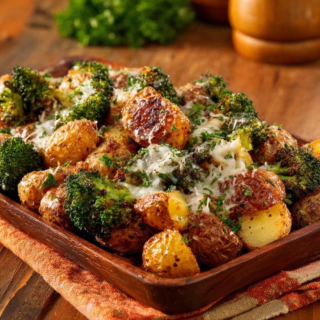 Crispy Parmesan Roasted Potatoes and Broccoli served in a wooden dish, topped with melted cheese and fresh parsley.