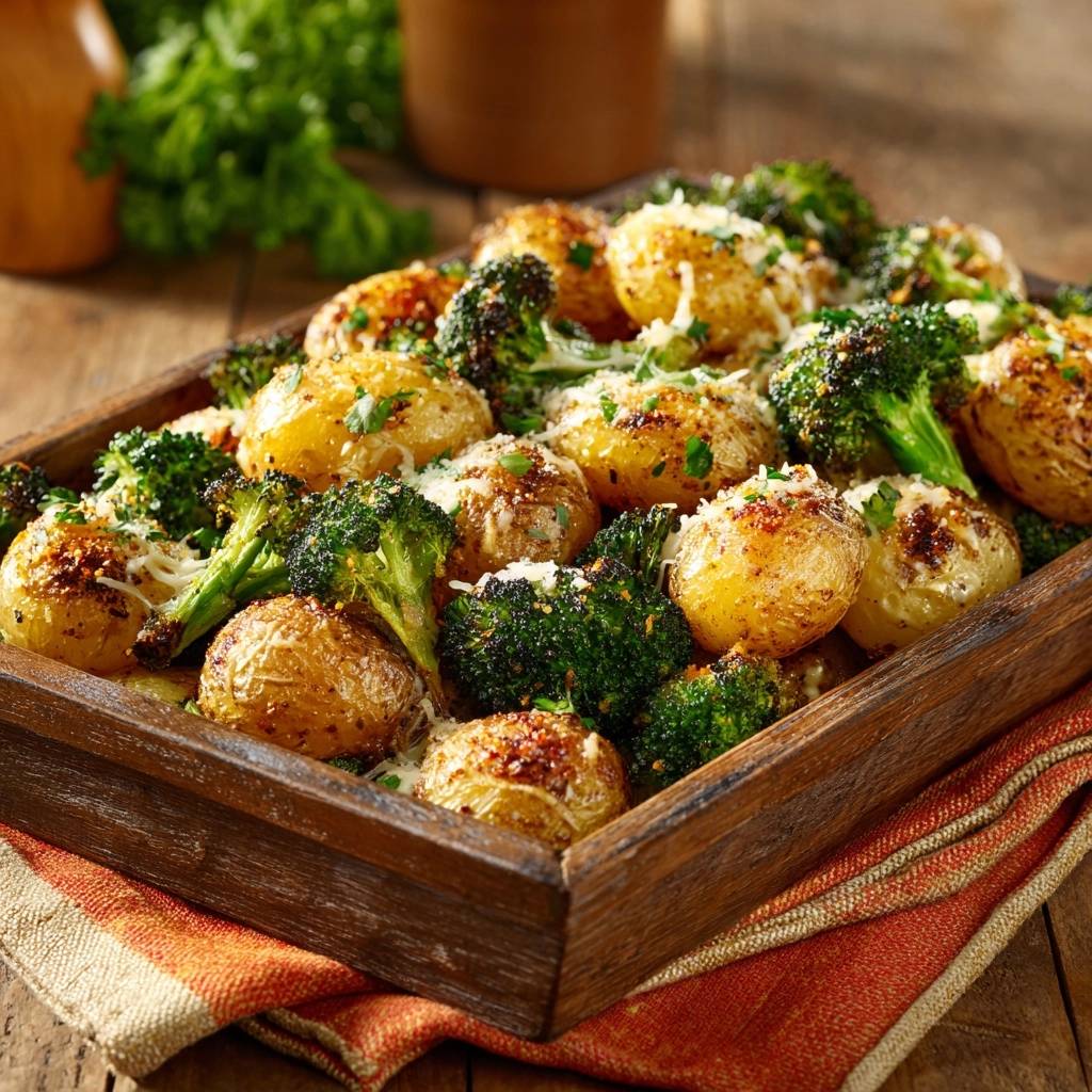 Crispy Parmesan Roasted Potatoes and Broccoli served in a rustic wooden tray with a close-up view of the textures.