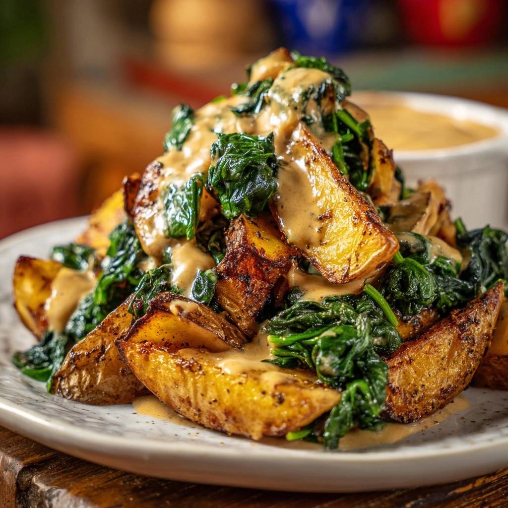 Crispy roasted potato wedges with creamed spinach drizzled in a creamy sauce on a white plate.