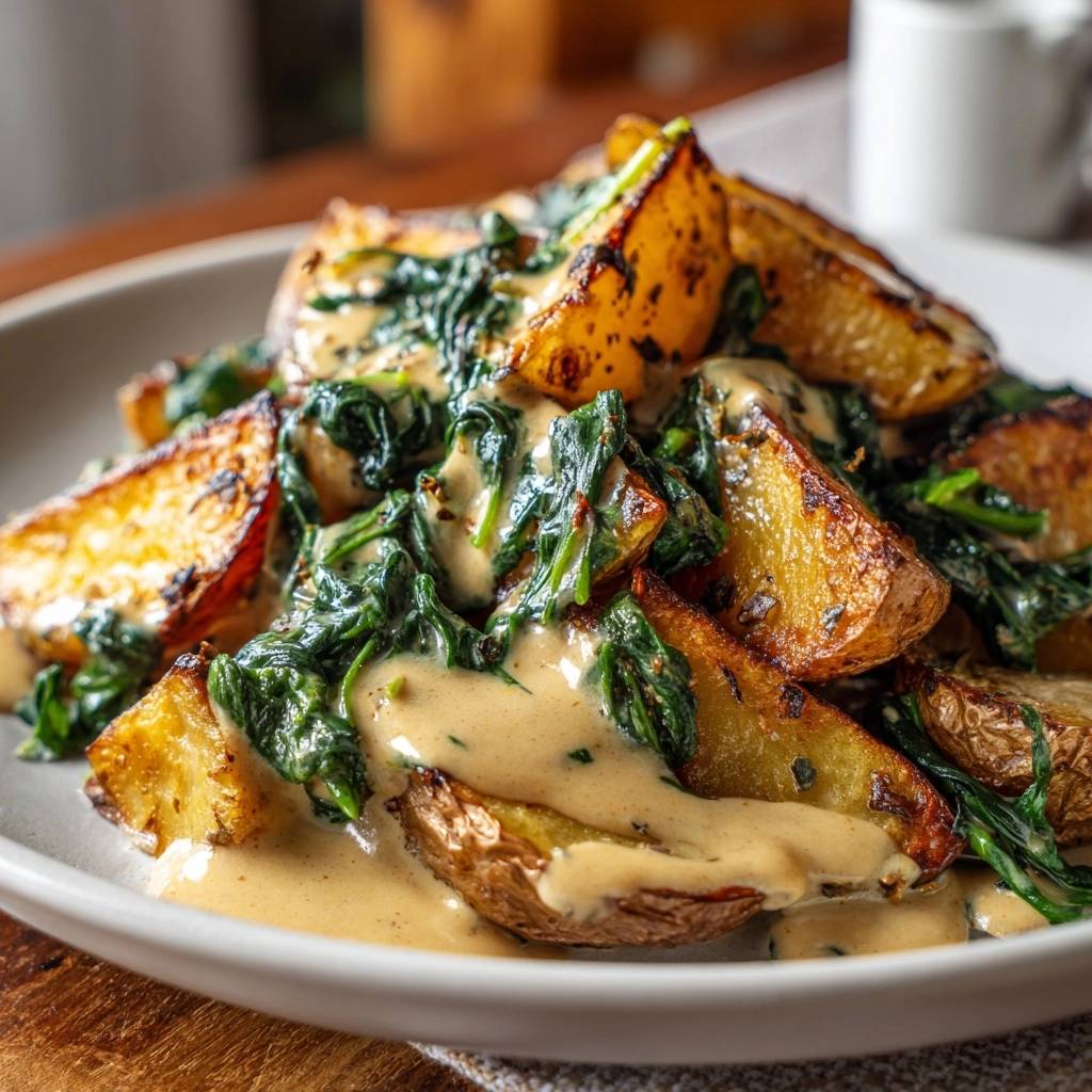 Crispy roasted potato wedges with creamed spinach, showcasing a rich, creamy sauce drizzled generously over the potato wedges and greens.