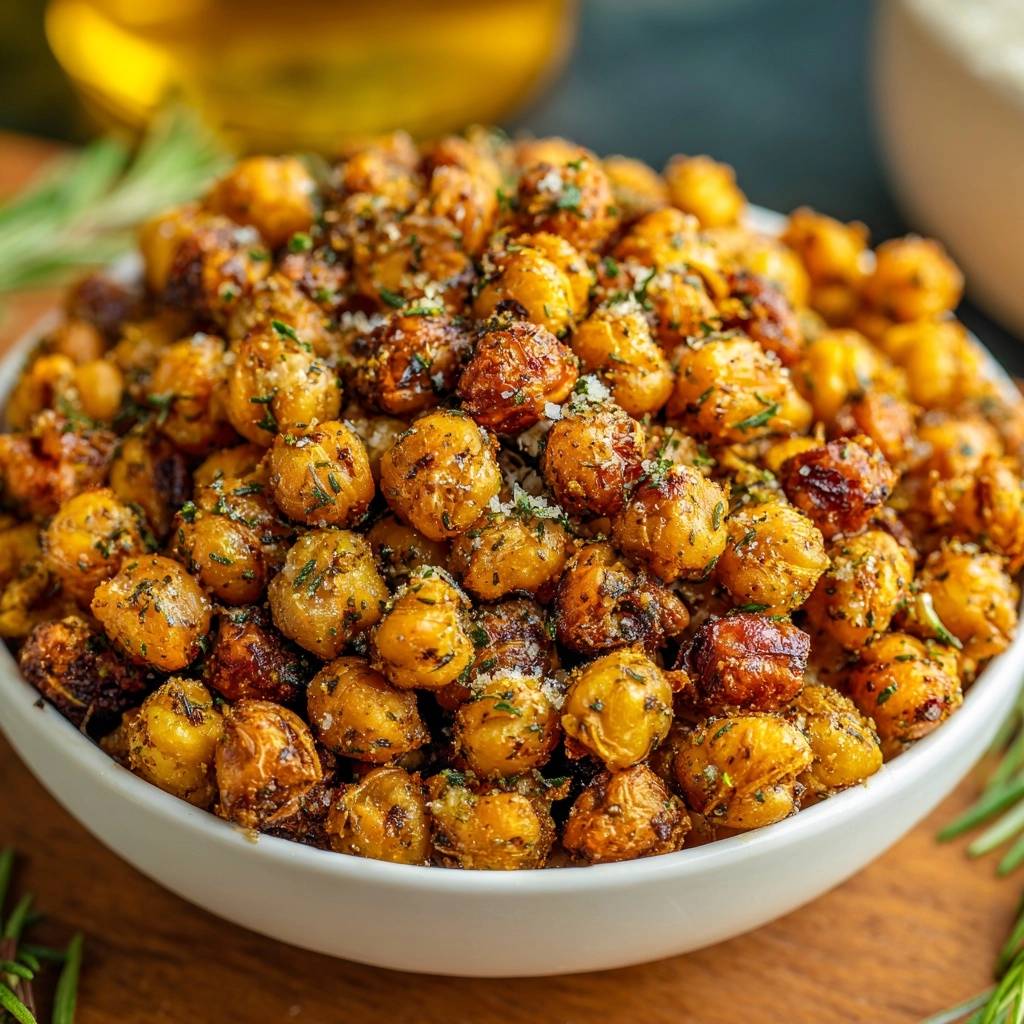 Crispy spiced roasted chickpeas in a white bowl, showcasing a close-up view of their seasoned texture and rosemary garnish.