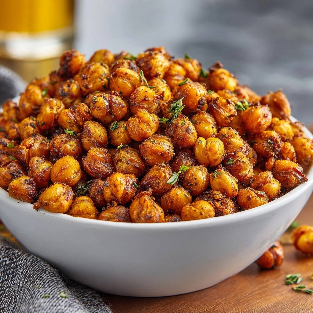 Crispy spiced roasted chickpeas piled high in a white bowl, showcasing a close-up detail of the seasoned texture.
