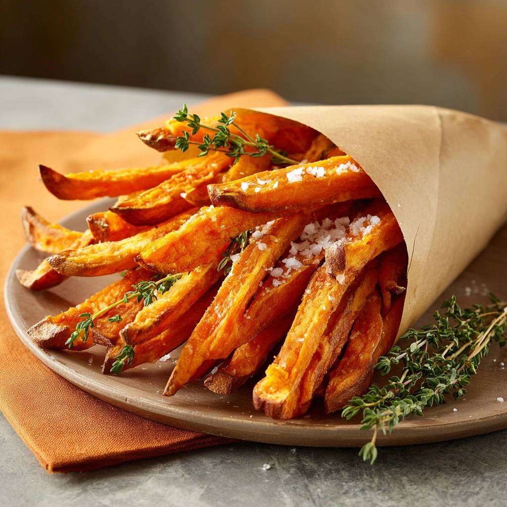 Crispy thyme sea salt sweet potato fries served in a rustic brown paper cone on a plate.