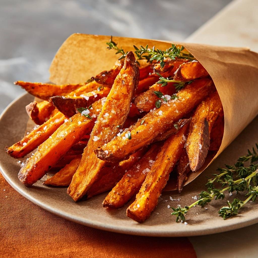 Crispy thyme sea salt sweet potato fries served in a brown paper cone and sprinkled with sea salt and thyme.