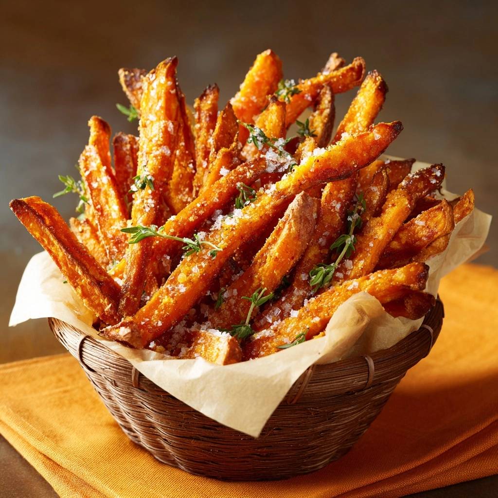 Crispy thyme sweet potato fries seasoned with salt and herbs, served in a woven basket.