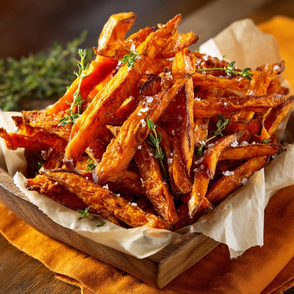 Crispy thyme sweet potato fries are piled high in a wooden bowl, generously sprinkled with sea salt and fresh thyme sprigs.