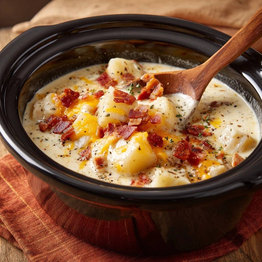 Crockpot loaded potato soup with bacon and cheese, served in a black crockpot with a wooden spoon.