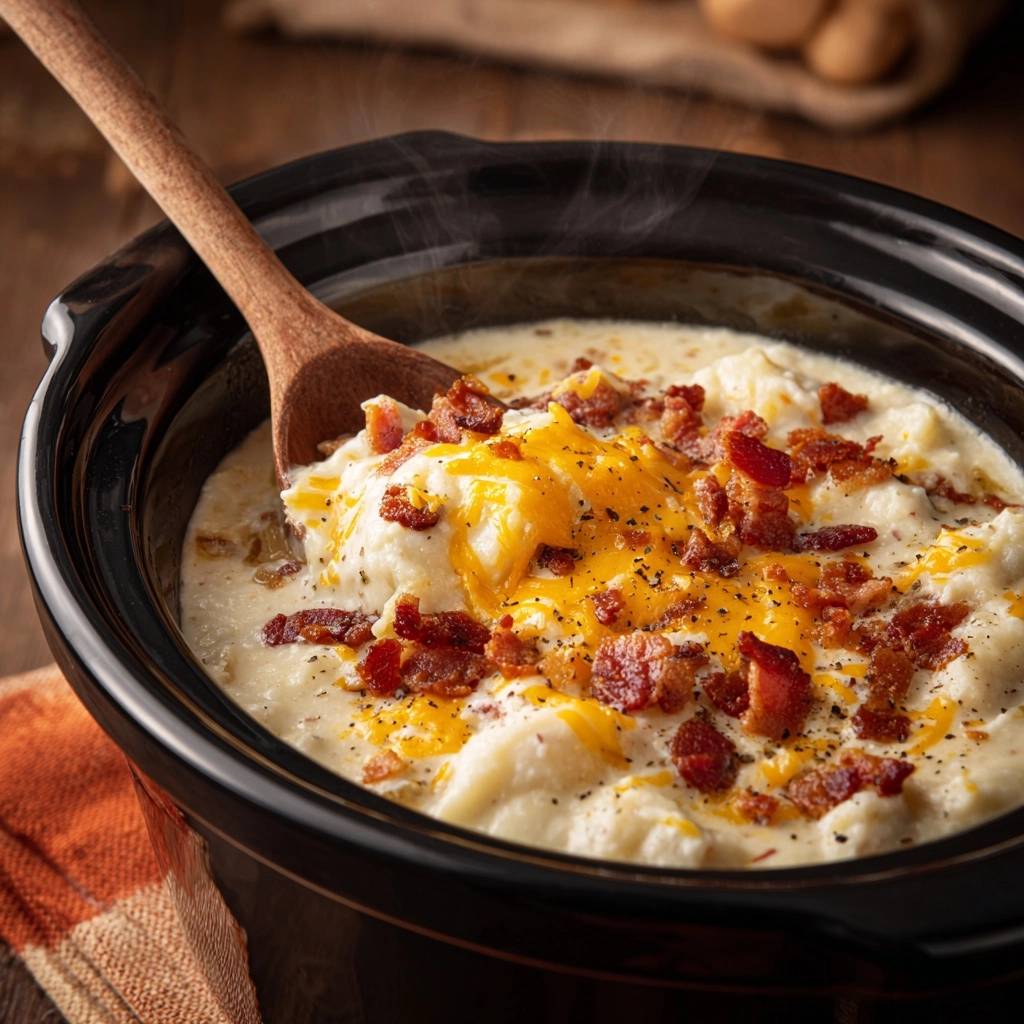 Crockpot loaded potato soup being scooped with a wooden spoon, topped with melted cheddar cheese and crispy bacon.