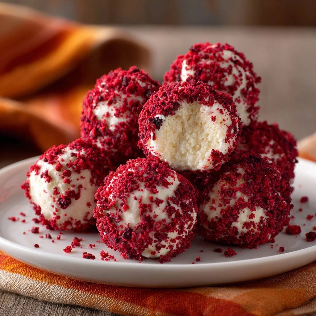 Crunchy red chili white chocolate truffles shown in a close-up cross-section revealing the creamy white center and red coating.