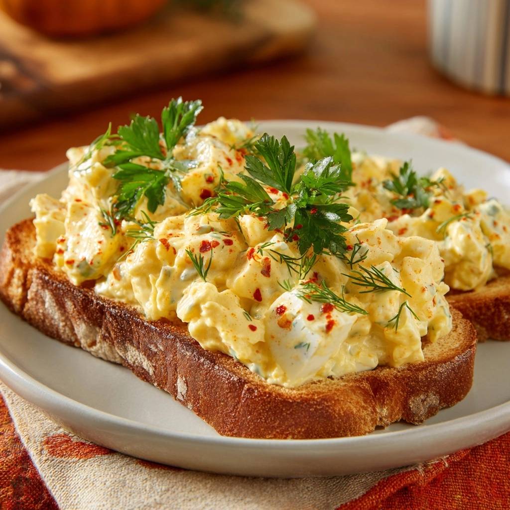Dill paprika egg salad toast served on rustic bread, topped with fresh parsley and dill garnish.