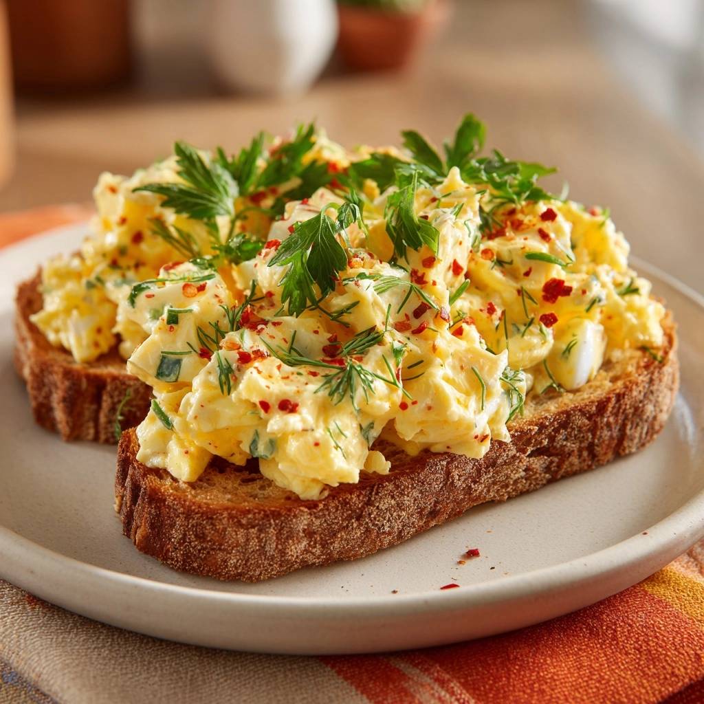 Dill paprika egg salad toast is shown in a close-up view, highlighting the fresh herbs and red pepper flake garnish.
