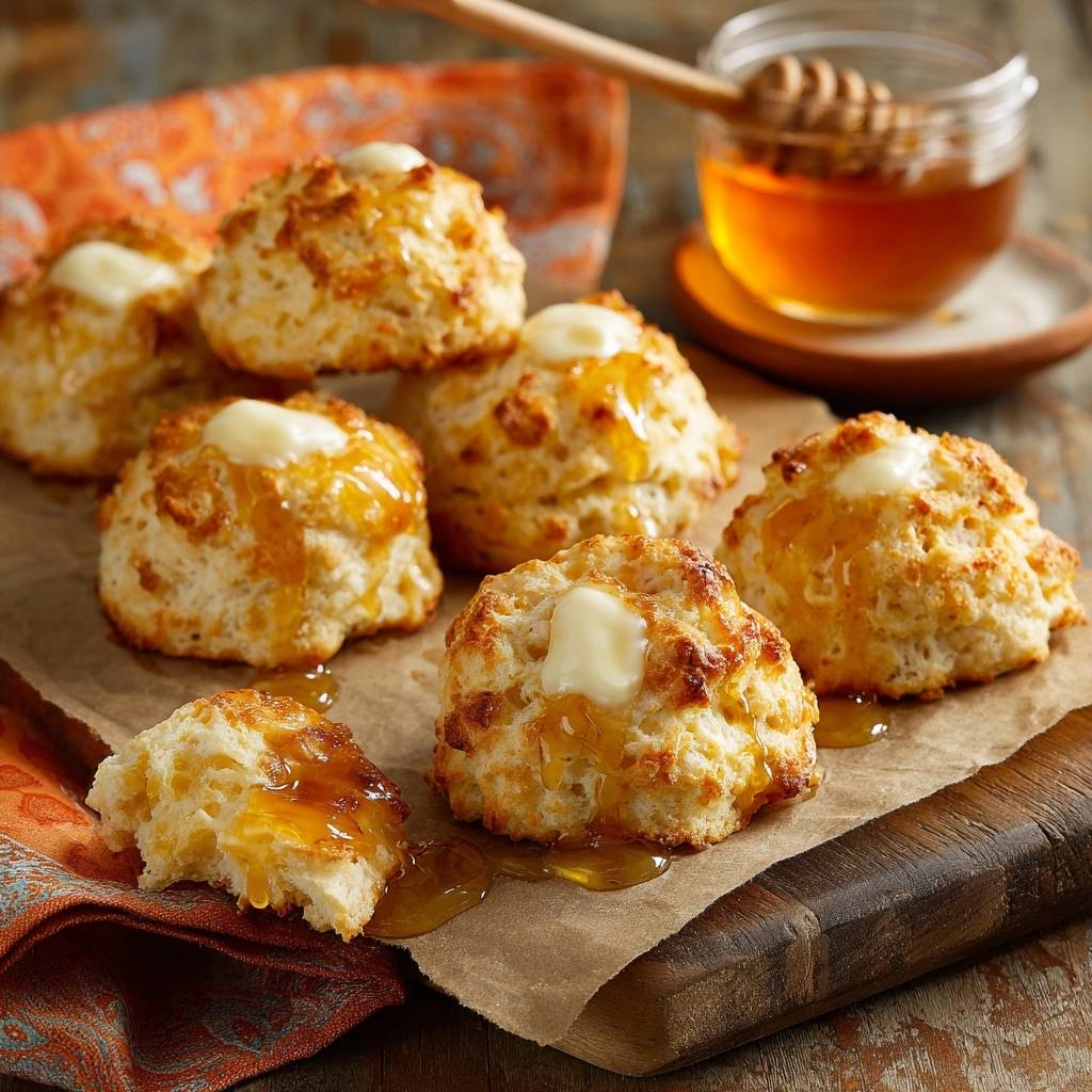 Flaky honey butter biscuits are shown close-up, with a piece broken off revealing the layered interior and drizzled with golden honey.
