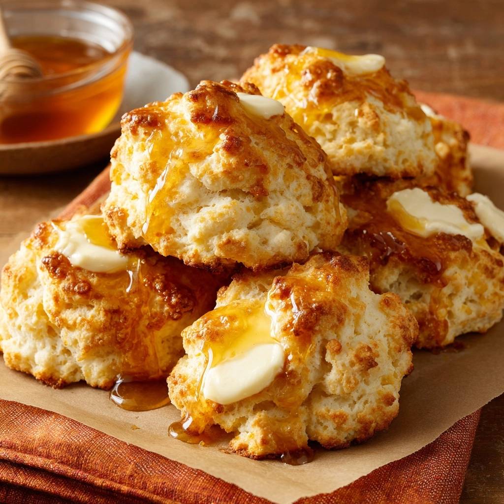 Flaky honey butter biscuits with melted butter and a golden honey drizzle, stacked on parchment paper.