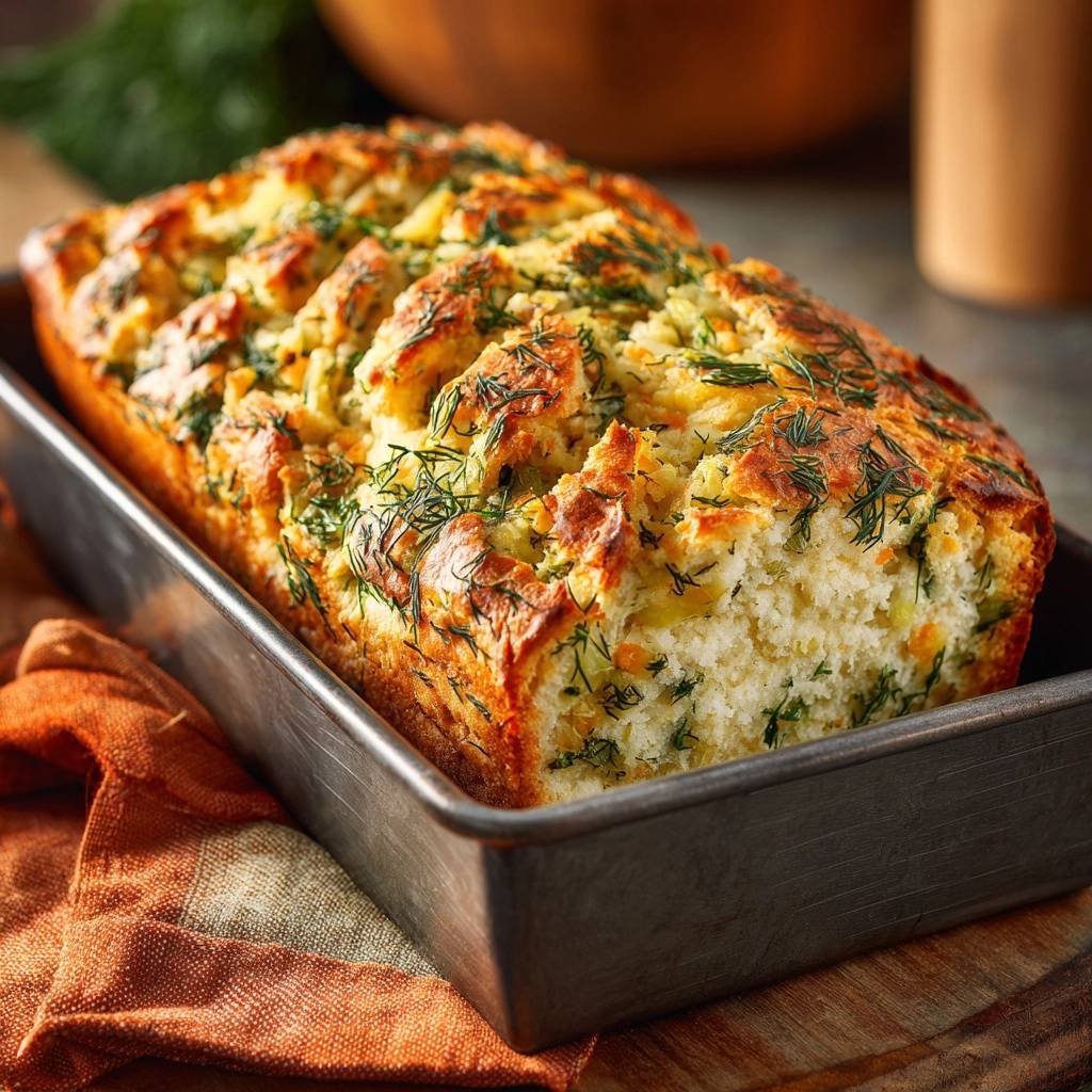 Fluffy dill zucchini carrot bread loaf baked golden brown in a metal pan, showcasing its herb-flecked crust.