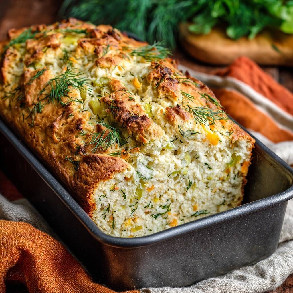 Fluffy dill zucchini carrot bread loaf freshly baked in a dark loaf pan, garnished with fresh dill.
