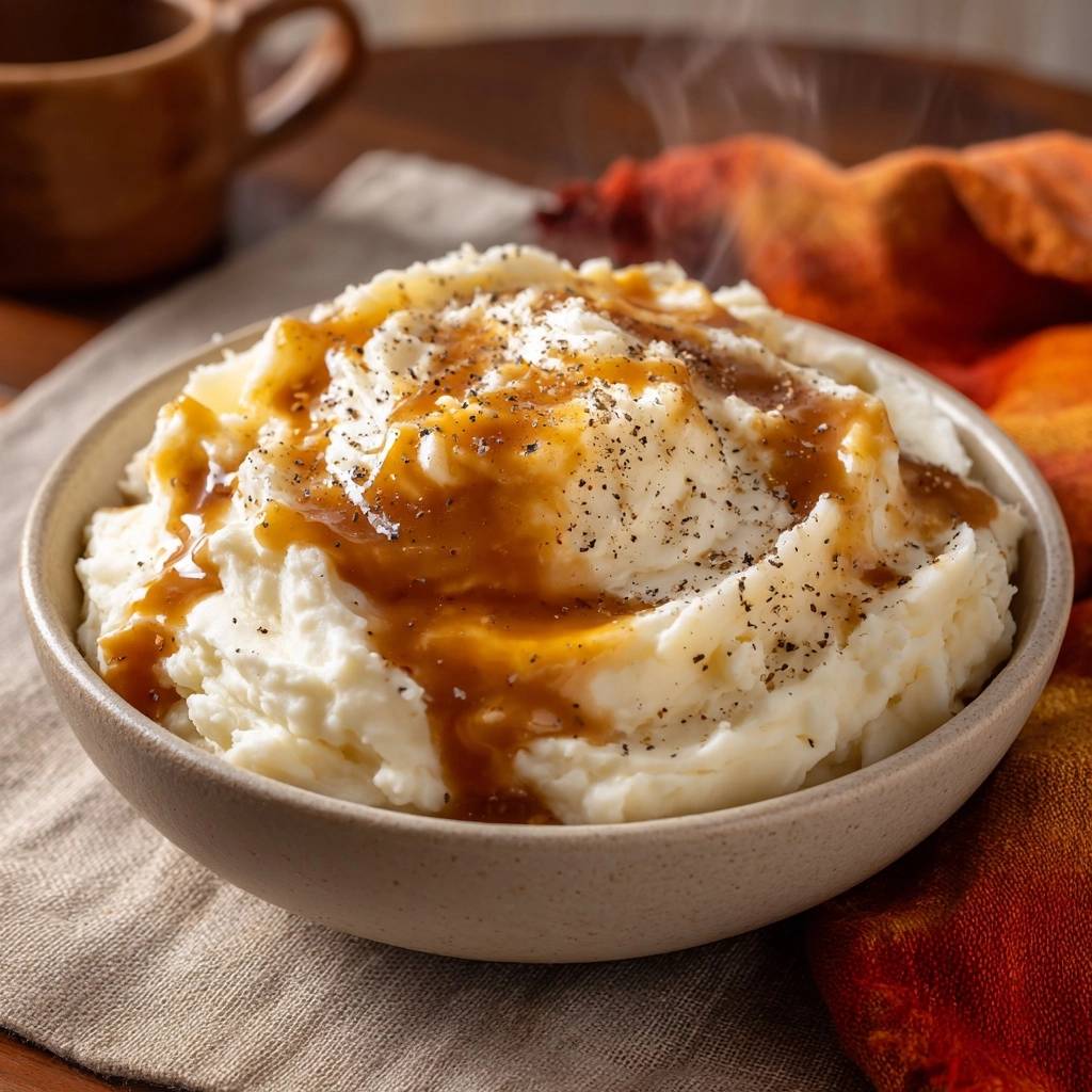 Fluffy mashed potatoes with rich gravy being poured over the top, showing steam rising.