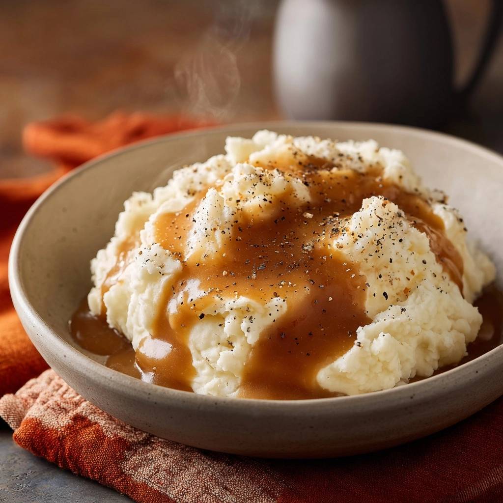 Fluffy mashed potatoes with rich gravy are served steaming in a bowl, seasoned with black pepper.