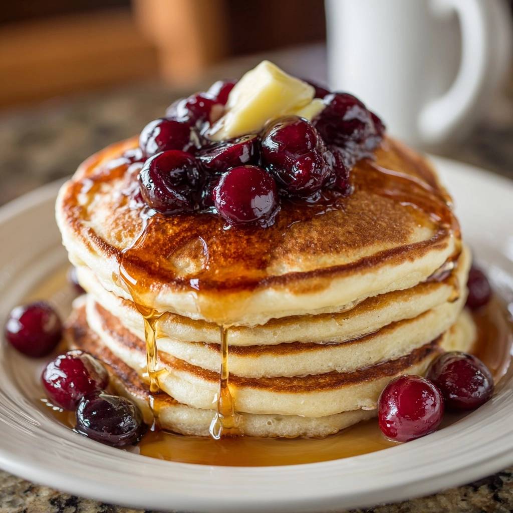 Fluffy pancakes with fresh cherries and butter, drizzled with syrup and served on a plate.