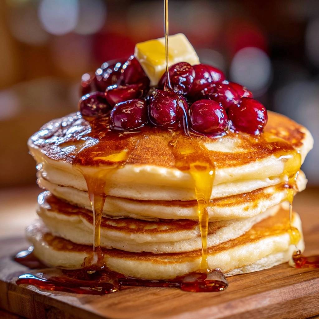 Fluffy pancakes with fresh cherries and butter, drizzled with syrup, a close-up view.