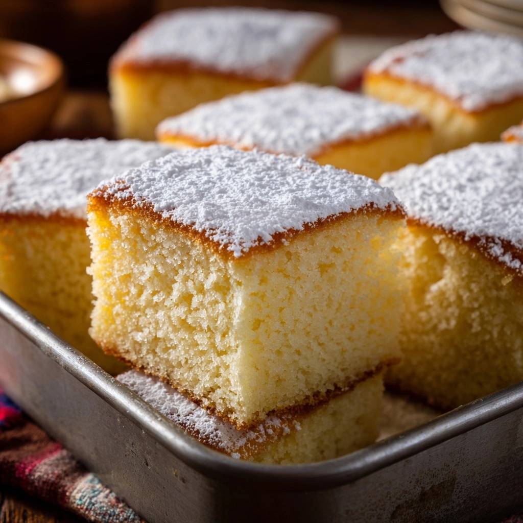 Fluffy vanilla sheet cake sliced and dusted with powdered sugar, showcasing its light texture.