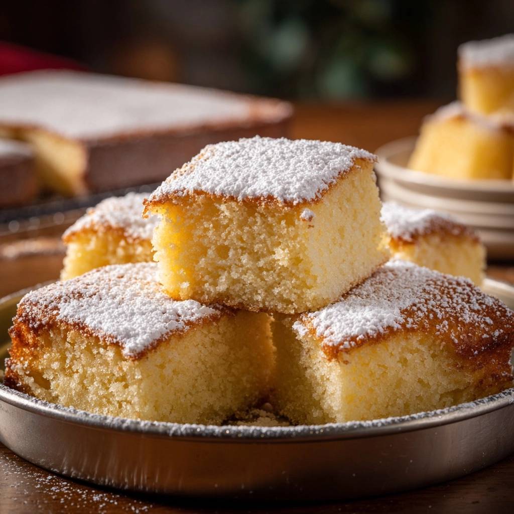 Fluffy vanilla sheet cake stacked in slices, dusted with powdered sugar, showcasing its light texture.