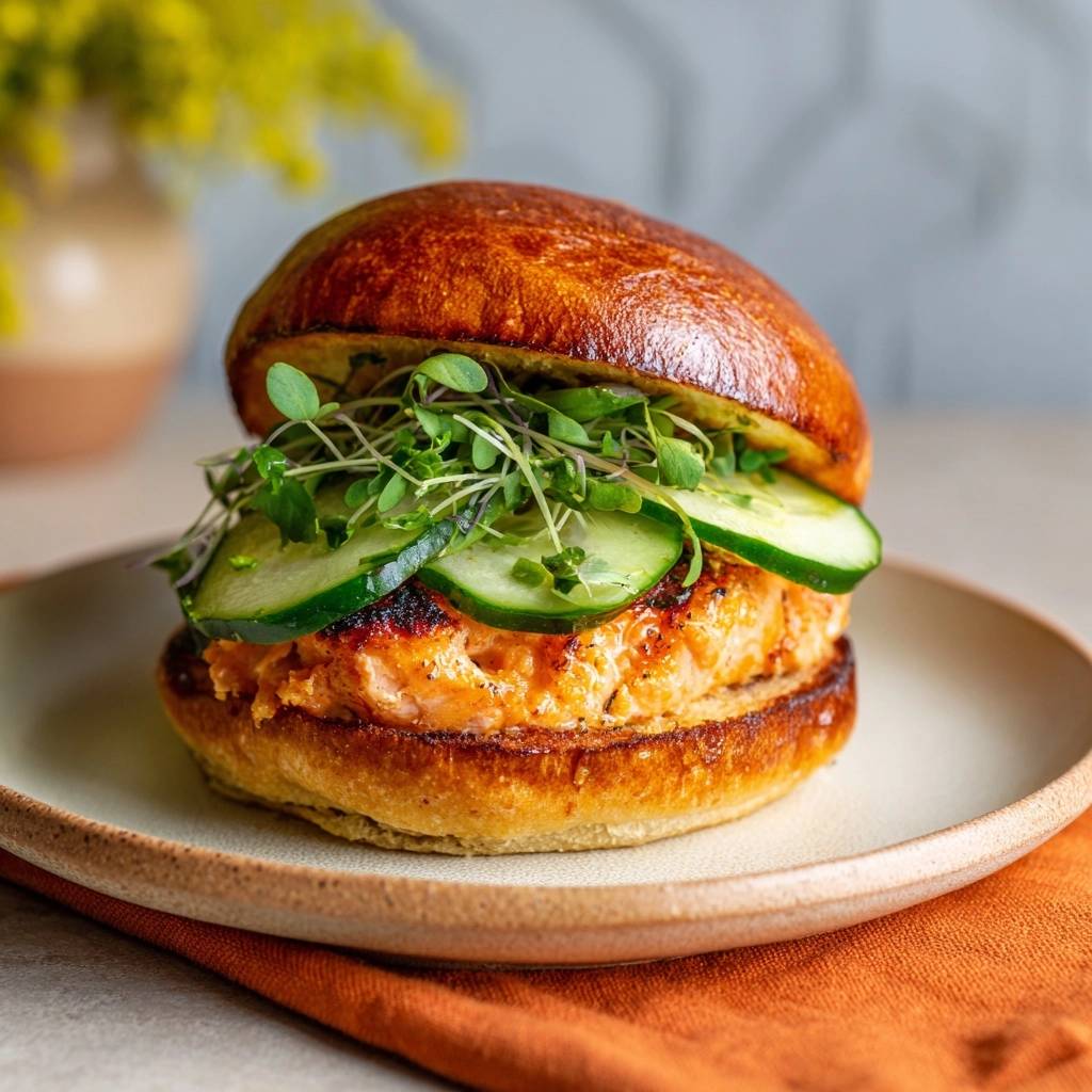 Fresh salmon burgers with cucumber crunch served on a plate, showcasing the patty and bun detail.