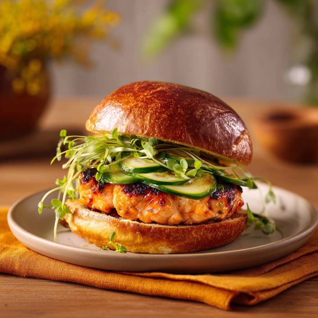 Fresh salmon burgers with cucumber crunch, presented on a plate with a side view, showcasing the bun and fresh ingredients.