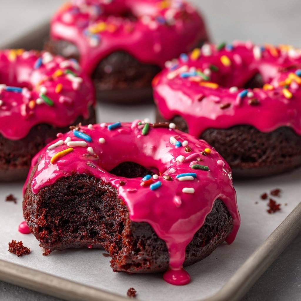 Fudgy baked chocolate donuts with bright pink frosting and colorful sprinkles, one is bitten showing the moist interior.