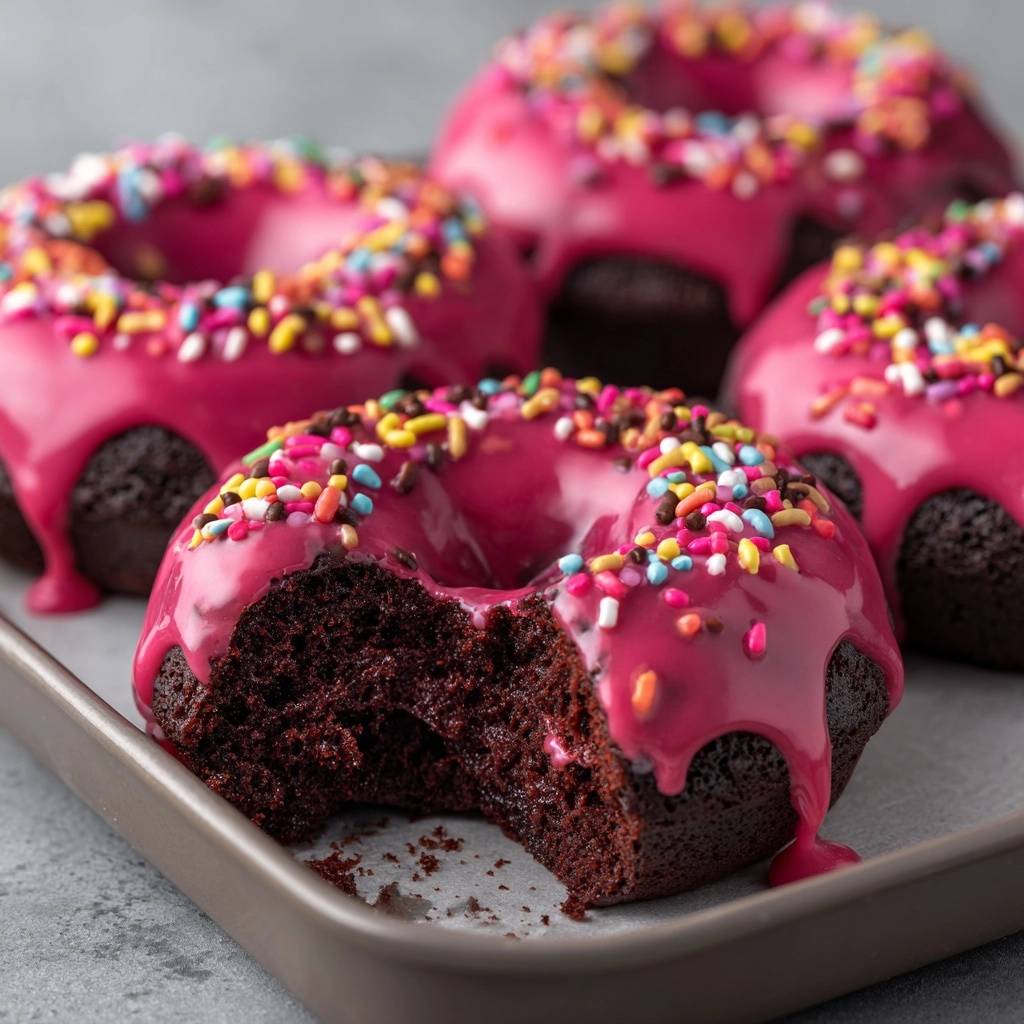Fudgy baked chocolate donuts with pink glaze and colorful sprinkles, showing a bite taken out to reveal the moist interior.