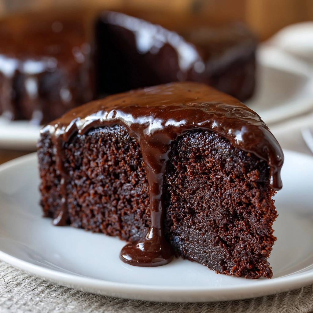 Fudgy chocolate ganache cake recipe, a rich slice with glossy ganache dripping down the side.