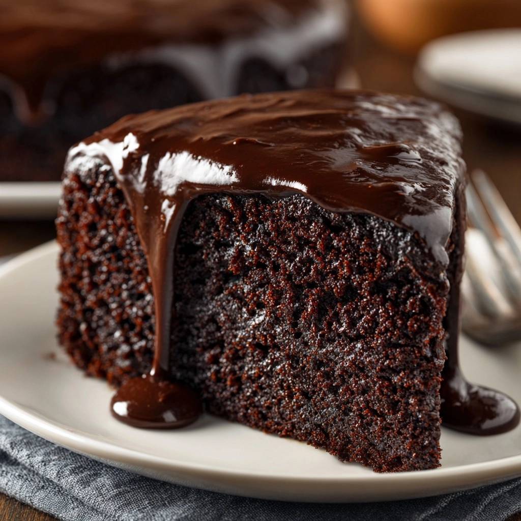 Fudgy chocolate ganache cake slice generously topped with rich chocolate glaze dripping down the side.