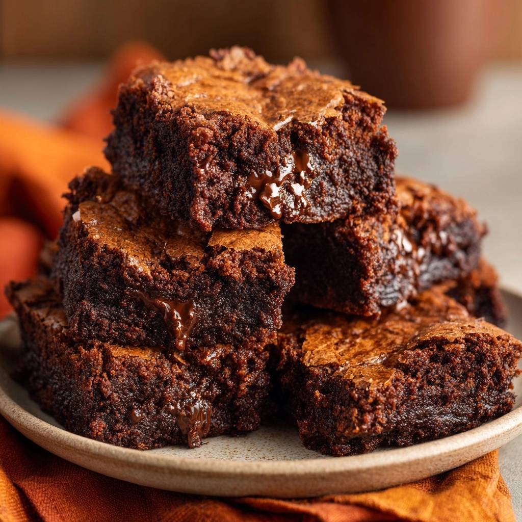Fudgy crackly top brownies stacked on a plate, showing a gooey melted chocolate interior.