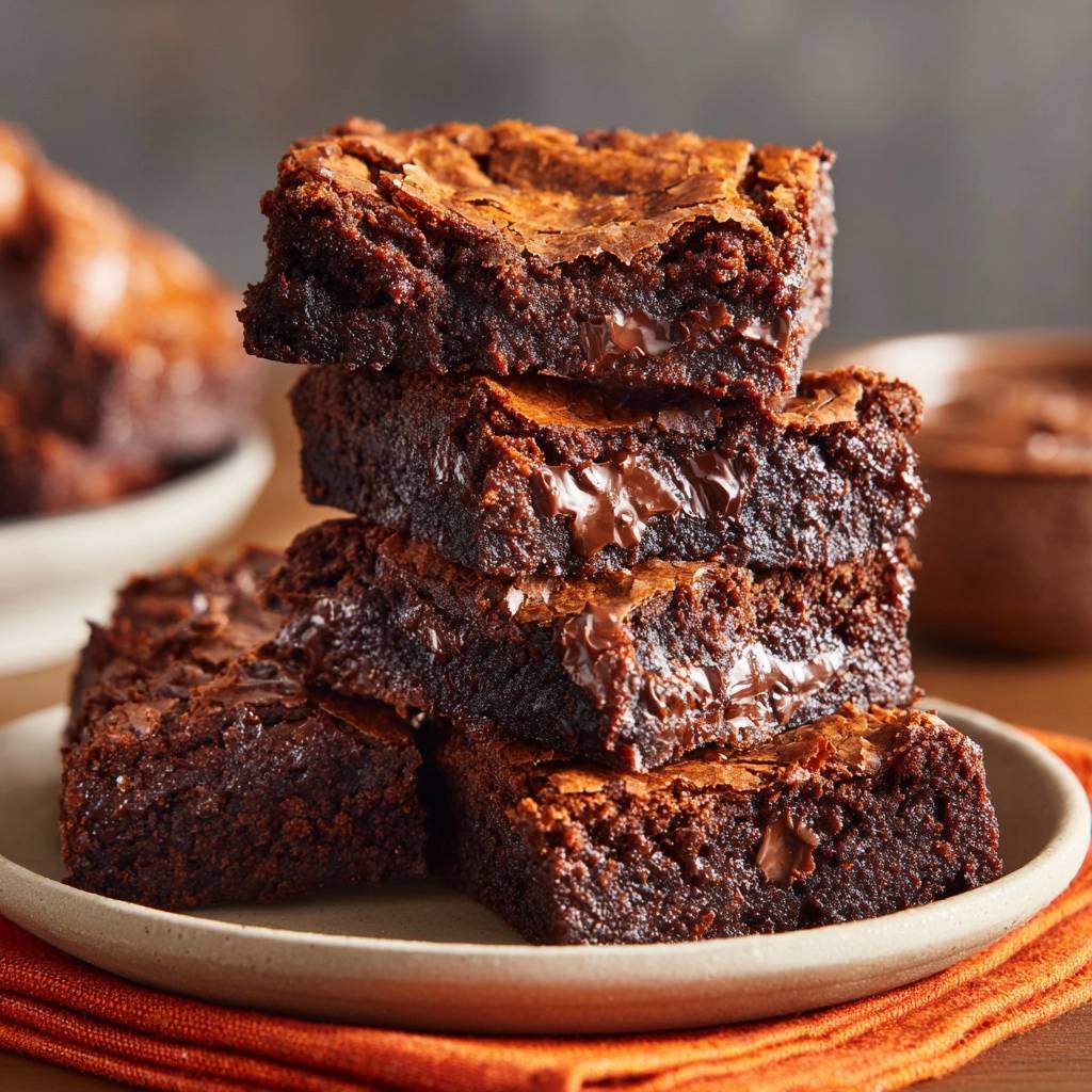 Fudgy crackly top brownies stacked high on a plate, showcasing their rich chocolate interior and gooey melted chocolate chips.